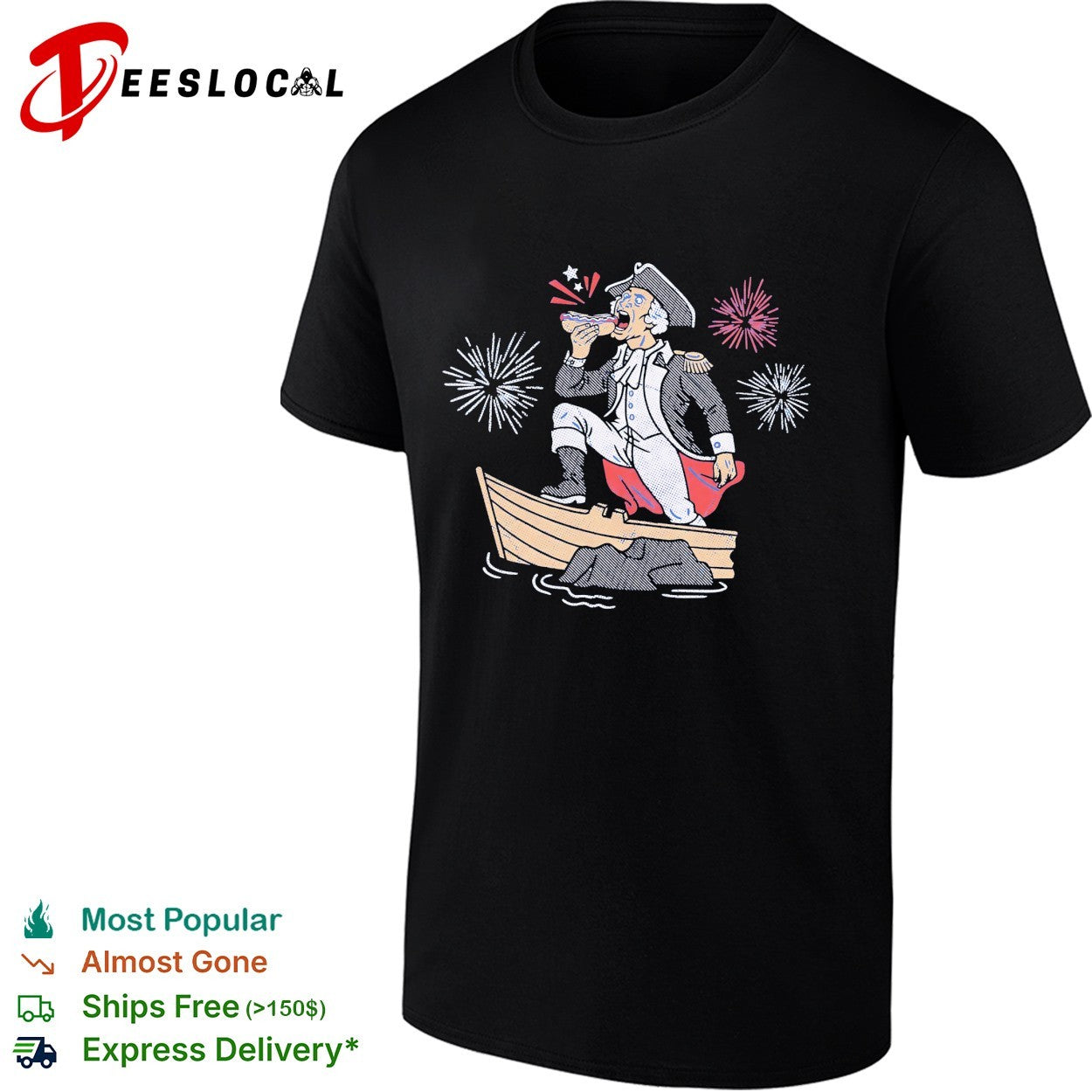 George Washington standing on boat eating hot dog fireworks shirt
