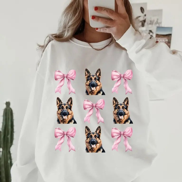 German Shepherd with Bows Sweatshirt ~ Sweatshirt Unisex Apparel Relaxed Fit Printed in the USA Clothing Womenswear Casual and Comfortable