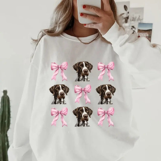 German Short Haired Pointer with bows Sweatshirt ~ Sweatshirt Unisex Apparel Relaxed Fit Printed in the USA Clothing Womenswear Casual and Comfortable