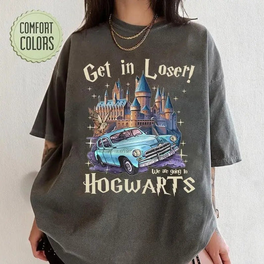 Get In Loser We're Going To Wizard School T-Shirt, Wizard Flying Car Shirt, Universal Studios Shirt, Wizard Shirts, Wizard Flying Car Tee Casual Collar