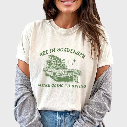 Get In Scavenger We Are Going Thrifting Shirt, Retro Raccoon Shirt, Funny Raccoon Meme Tee, Trash Panda Shirt, 90s Vintage Raccoon Tshirt, Animal Lover Gift Shirt, Nostalgia T-Shirt, Oversized Graphic Tee, Relaxed Cotton Womenswear, Comfort Chic Style