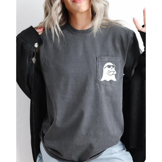 Ghost Arms Crossed, Halloween Pocket Tee, Women's, Comfort Colors Tee, Spooky, Tshirt, Witch, Pumpkin, Ghost, Skeleton