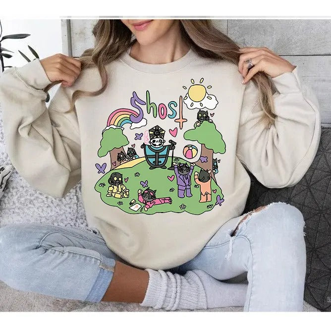 Ghost Band Rainbow Sweatshirt Funny Vibes Cozy Crewneck Sweater Ghost Metal Band