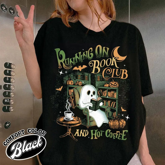Ghost Book Comfort Color Shirt, Book Club Halloween Shirt, Running on Book Club and Hot Coffee, Book Lovers, Halloween Gift for Book Lover