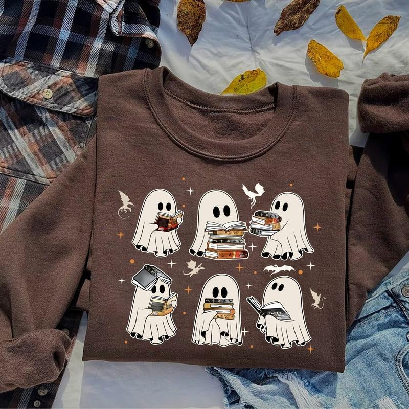 Ghost Book Dragon Sweatshirt, Ghost Bookish Shirt, Ghost 4th Wing Sweatshirt, Halloween Gift For Book Lovers, Bookish Halloween Sweatshirt, Ghost Reading Shirt
