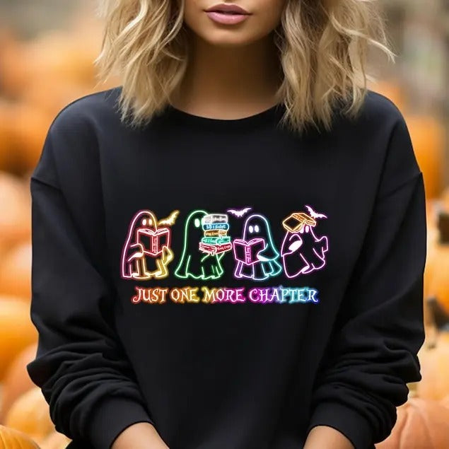Ghost Book Reading Hoodie , Just One More Chapter, Neon Halloween Book Sweatshirt, Ghost Neon Reader Hoodie,Teacher Librarian Halloween Gift  T-shirt, sweater and Hoodie