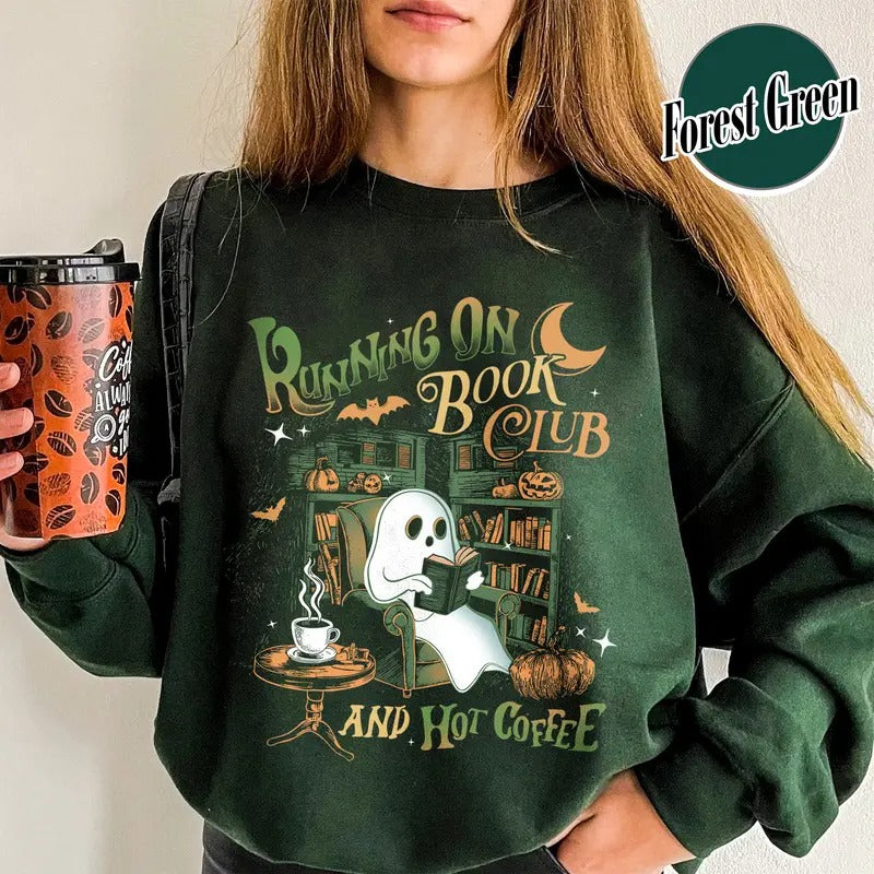 Ghost Book Sweatshirt, Book Club Halloween Shirt, Running on Book Club and Hot Coffee, Book Lovers, Halloween Gift for Book Lover