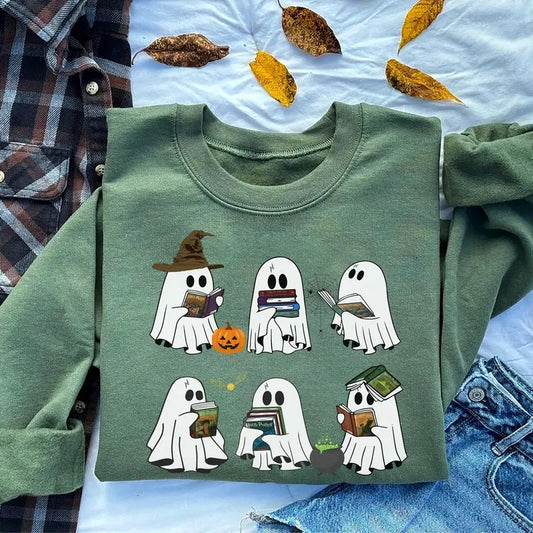 Ghost Book Wizard Sweatshirt, Ghost Bookish Shirt, Wizard Ghost Sweatshirt, Halloween Gift For Book Lovers, Bookish Halloween Sweatshirt, Ghost Reading Shirt