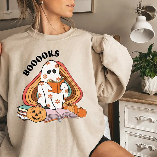 Ghost Books Sweatshirt, Halloween Crewneck Sweatshirt, Booklover Sweater, Ghost Reading Books Shirt, Funny Floral Ghost Shirt, Pumpkin Fall Halloween Shirt, Halloween Books Ghost Shirt