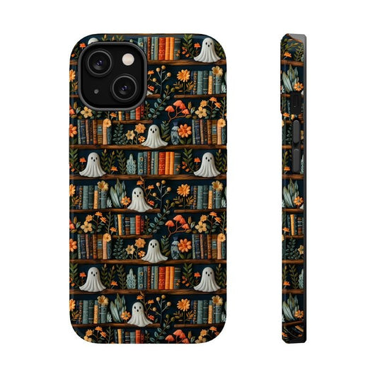 Ghost Bookshelf Phone Case, Halloween Book Cover Mag Safe Compatible, Magnetic Tough Cases