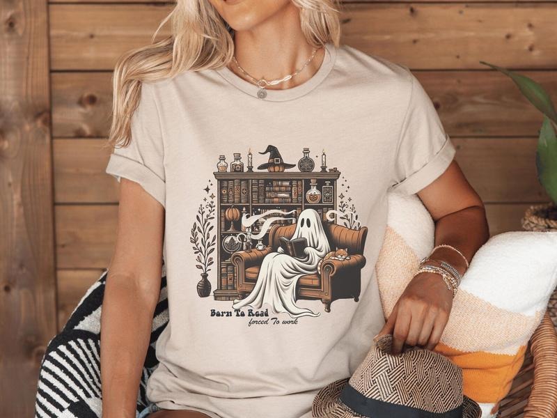 Ghost Born To Read Forced To Work Tee Shirt, Ghost Reading Halloween Sweatshirt, Halloween Bookish T-Shirt, Halloween Gift For Book Lover