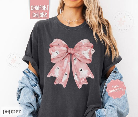 Ghost Bow Shirt Comfort Colors, Coquette Halloween Tshirt,  October Vibes Shirt for Women Oversized Crewneck Tee