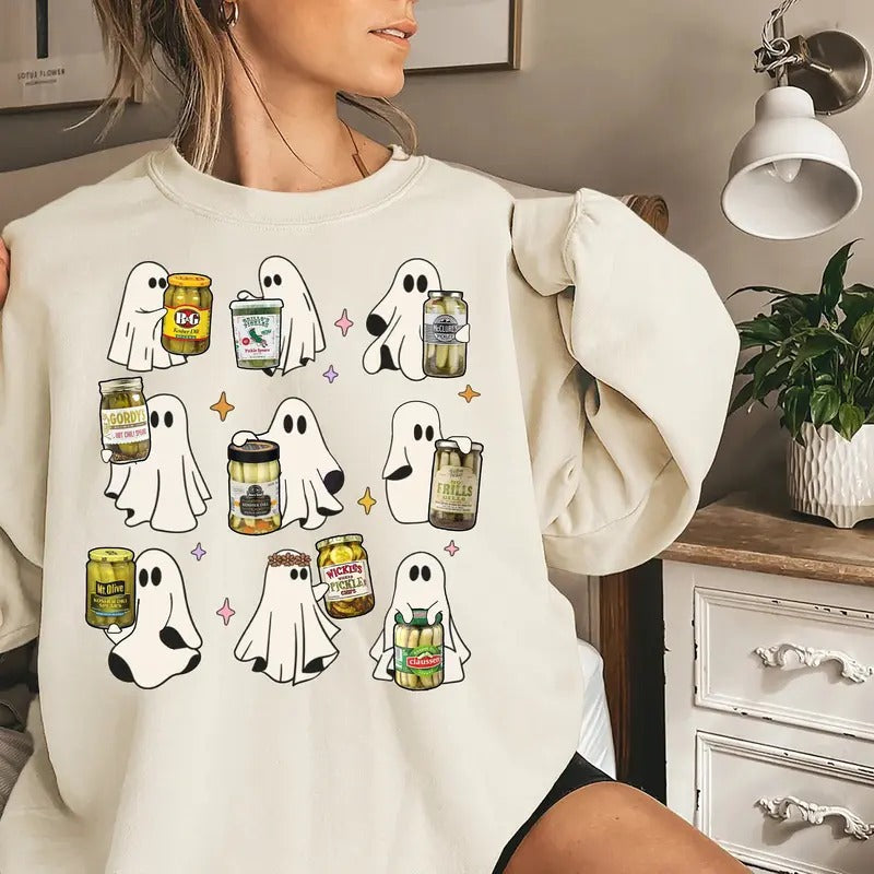 Ghost Canned Pickles Sweatshirt Cute Ghost Sweater Pickle Jar Shirt Pickle Ghost Sweater Canning Season Sweatshirtpickle Lovers Sweater Cotton Womenswear