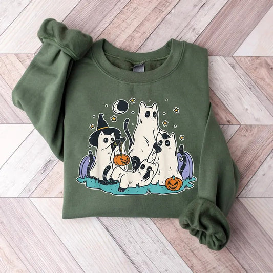 Ghost Cat Halloween Sweatshirt, Halloween Cat Shirt, Black Cat Halloween Shirt, Ghost Shirt, Cat Lover Gift, Witch Cat Tee, Cat Pumpkin Shirt, Halloween Fall Sweatshirt