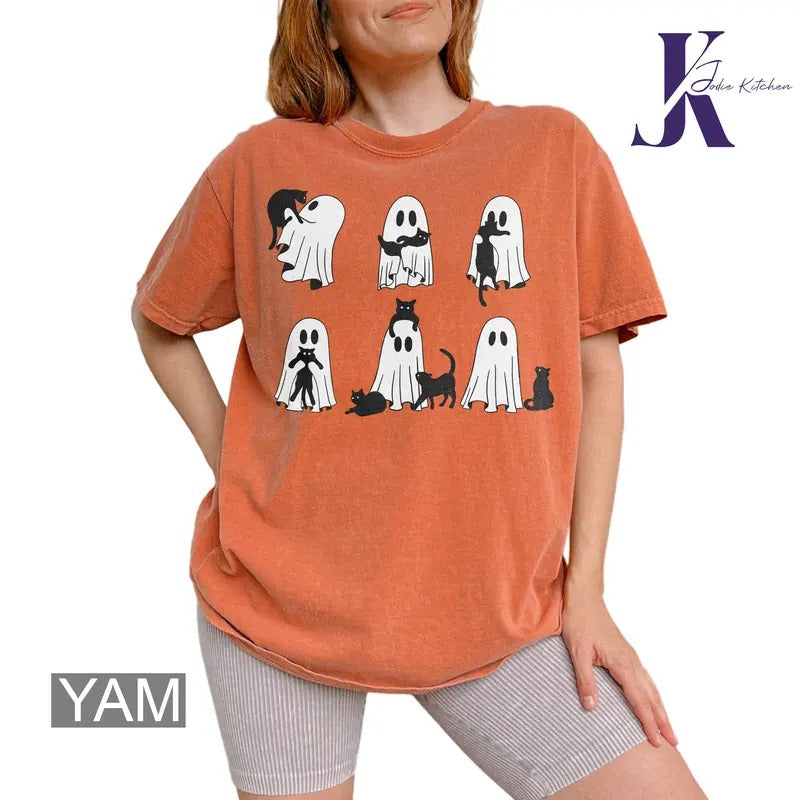 Ghost Cat Shirt, Comfort Colors Cat Ghost T-Shirt, Cute Cat Lovers Shirt, Retro Ghost Halloween, Halloween Cat T-shirt, Spooky Season Gift