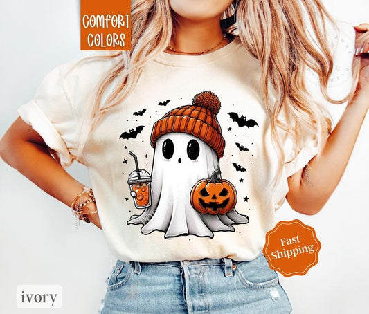Ghost Coffee Halloween Shirt Comfort Colors, Cute Ghost Tshirt for Women,  Spooky Season Shirt Oversized Crewneck Tee