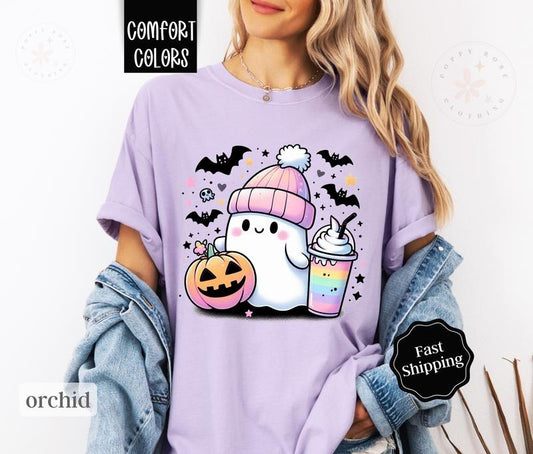 Ghost Coffee Halloween Shirt Comfort Colors, Cute Ghost Tshirt for Women,  Spooky Season Shirt Oversized Crewneck Teestyle{n002}2