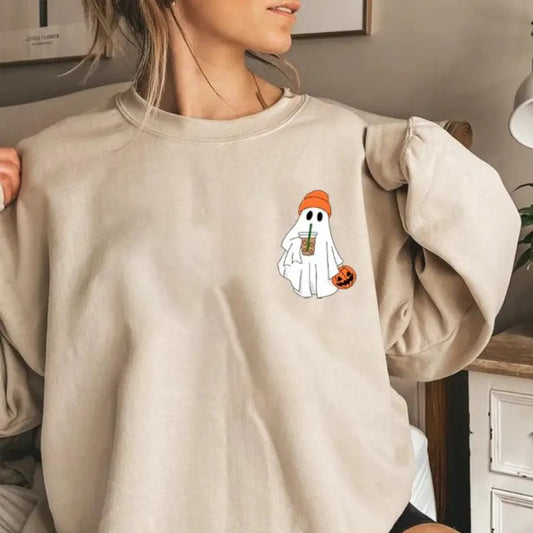 Ghost Coffee Sweatshirt - Shirt- Hoodie, Little Ghost Ice Coffee Shirt, Halloween Sweatshirt, Halloween Sweatshirt, Ghost Sweatshirt, Halloween for women, Full Color, For Men, For Women, Casual, Tee Print