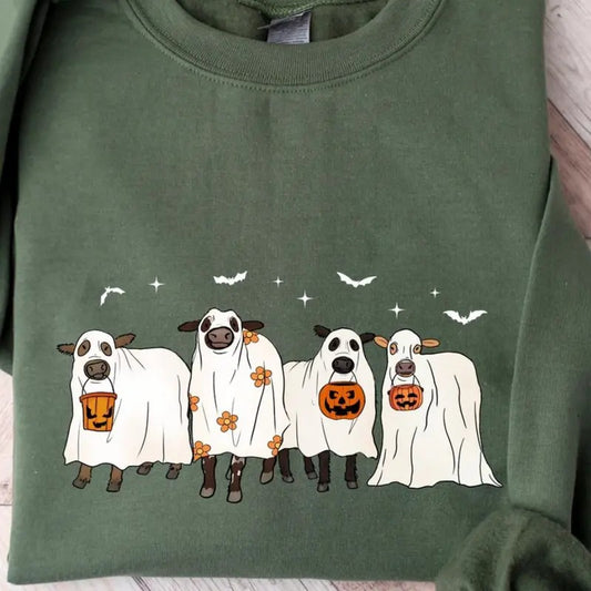 Ghost Cows Halloween Crewneck - Sweatshirt - Hoodie, Gildan Sweatshirt, Full Color, For Men, For Women, Casual, Classic Fashion, Full Sizes, Tee Print
