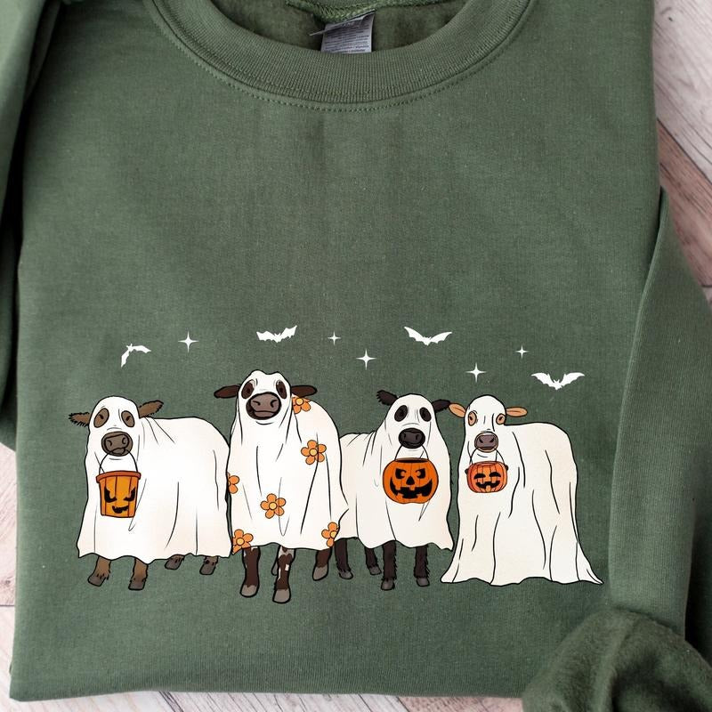 Ghost Cows Halloween Crewneck Sweatshirt, Hoodie, T-shirt, Cow Shirt, Cow Lover Gifts