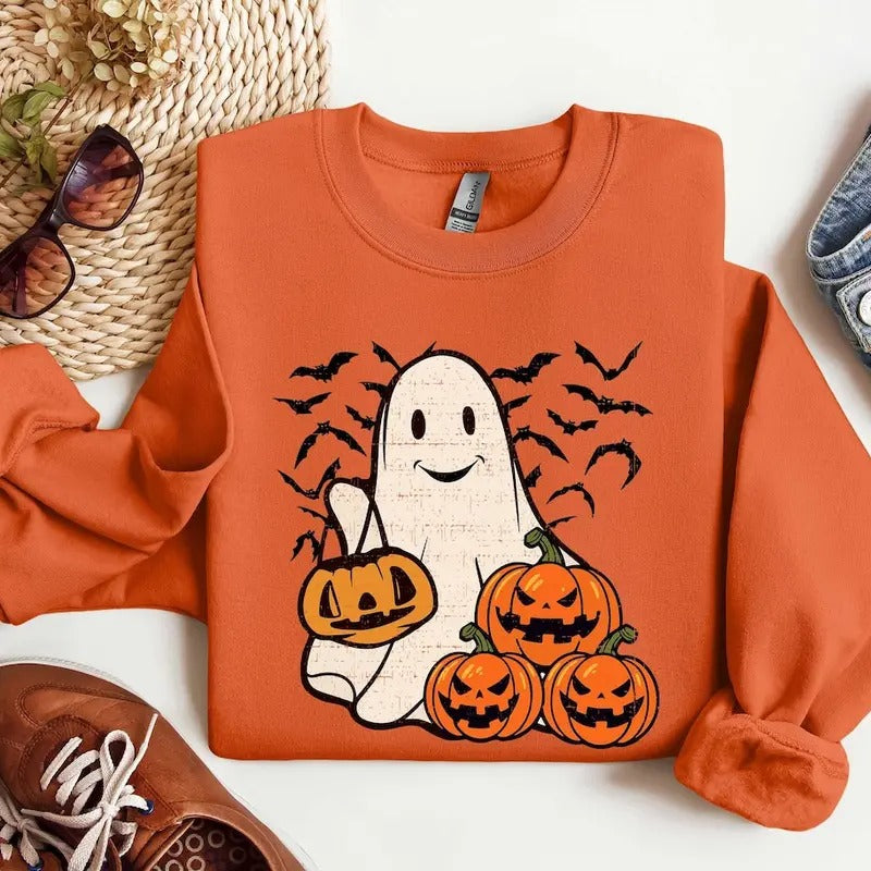 Ghost Halloween Sweatshirt, Womens Halloween Shirt, Halloween Party Shirt, Fall Sweatshirt Cotton Womenswear