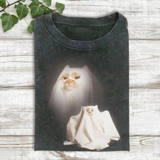 Ghost Kitten Shirt, Vintage Halloween Cat Graphic Tshirt, Funny Meme Cringe Shirt, Cat Halloween Shirt, Spooky Season Cat...