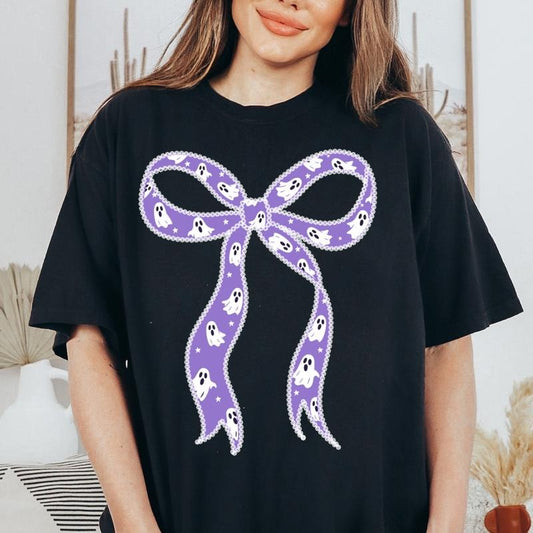 Ghost Lace Bow Halloween Shirt - Unisex Relaxed Fit Printed in USA Casual Comfort Cotton Top Athletic Boho Chic All Seasons