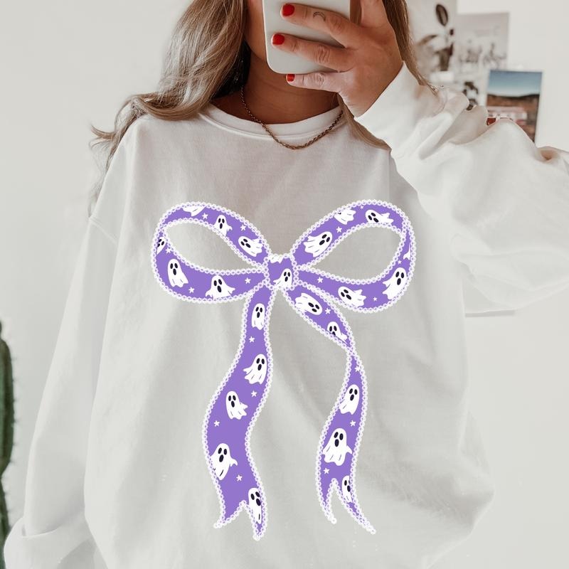 Ghost Lace Bow Halloween Sweatshirt - Unisex Relaxed Fit Printed in USA Casual Comfort Cotton Top Athletic Boho Chic All Seasons