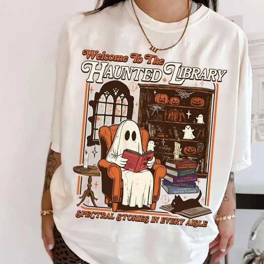 Ghost Reading Acotar Shirt, Welcome To The Haunted Library T-Shirt, Ghost Reading Book Shirt, Bookish Halloween Shirt