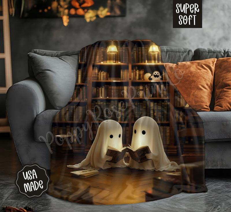 Ghost Reading Blanket Cozy Halloween Throw 100% Cotton Woven or Fleece Back Velvet Plush for Fall Home Decor Made in USA