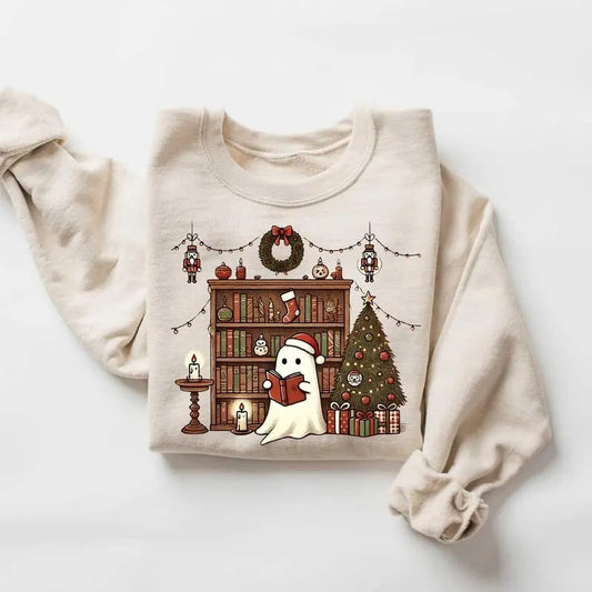 Ghost Reading Books Christmas Sweatshirt, Bookish Christmas Crewneck, Cute Ghost Xmas Shirt, Christmas Teacher Gift, Librarian Christmas Shirt, Christmas Bookish Gift Shirt