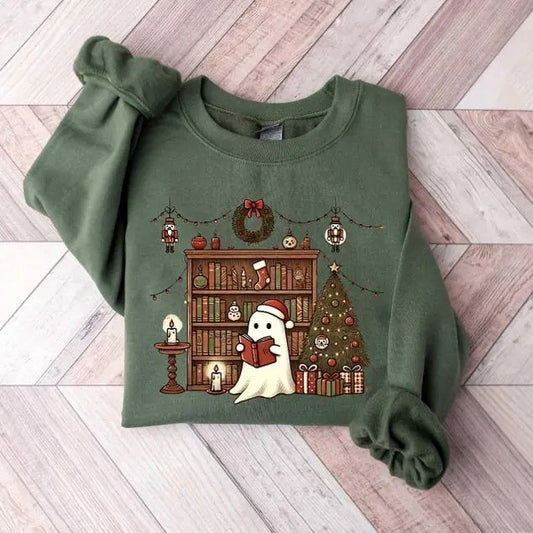 Ghost Reading Books Christmas Sweatshirt, Bookish Christmas Crewneck, Cute Ghost Xmas, Christmas Teacher Gift, Librarian Hoodie