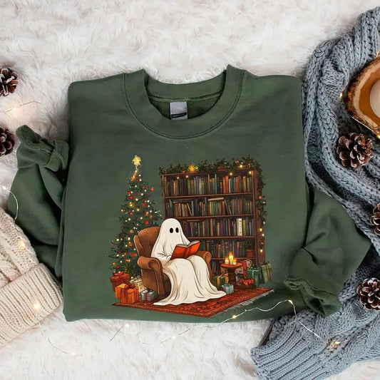 Ghost Reading Books Christmas Sweatshirt, Bookish Christmas Shirt, Book Christmas Sweatshirt, Book Lover Christmas Gift, Librarian Christmas Hoodie, Bookish Christmas Sweatshirt, Book Xmas Shirt
