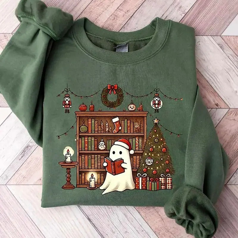 Ghost Reading Books Christmas Sweatshirt, Bookish Christmas Shirt, Book Christmas Sweatshirt, Christmas Bookish Gift, Librarian Christmas Hoodie, Bookish Christmas Sweatshirt, Book Xmas Shirt