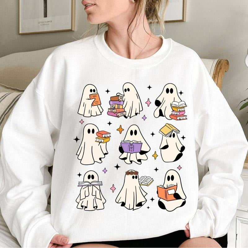 Ghost Reading Books Shirt, Bookish Halloween Sweatshirt, Teacher Librarian Halloween Gift, Halloween Book Lovers, Halloween School Shirt