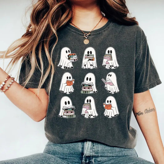 Ghost Reading Books Shirt, Bookish Reading  Shirt, Bookish Halloween Shirt, Book Lover Shirt, Book Shirt, Librarian Shirt Bookish Gift T-Shirt Shortsleeve Cotton Crewneck