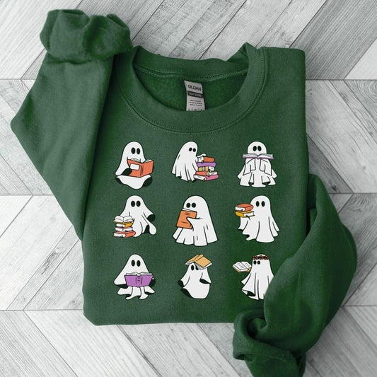 Ghost Reading Books Sweater, Bookish Halloween Sweatshirt, Halloween Teacher Gift, Librarian Halloween Hoodie, Ghost Crewneck, Gift For Her, Unisex