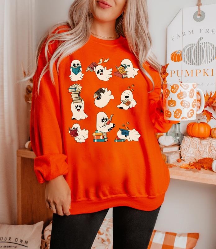 Ghost Reading Books Sweater, Bookish Halloween Sweatshirt, Halloween Teacher Gift, Librarian Halloween Shirt, Ghost Crewneck, Teacher Halloween Shirt, Librarian Shirt, Book Lover Shirt
