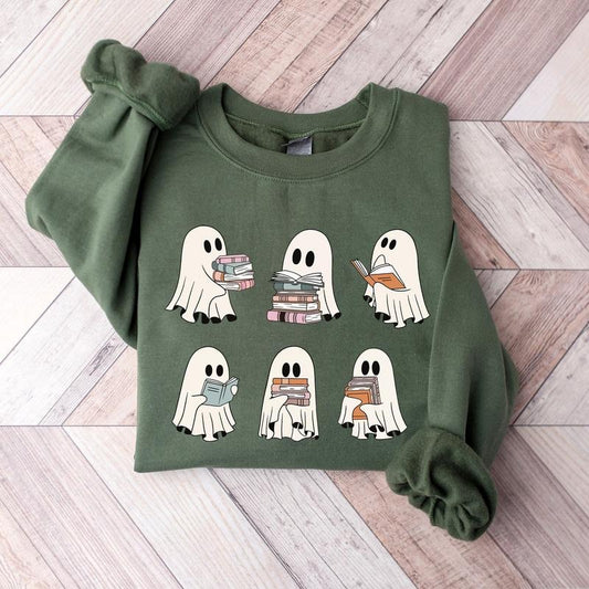 Ghost Reading Books Sweatshirt, Bookish Halloween Sweatshirt, Halloween Teacher Gift, Librarian Halloween Crewneck Sweatshirt, Ghost Crewneck