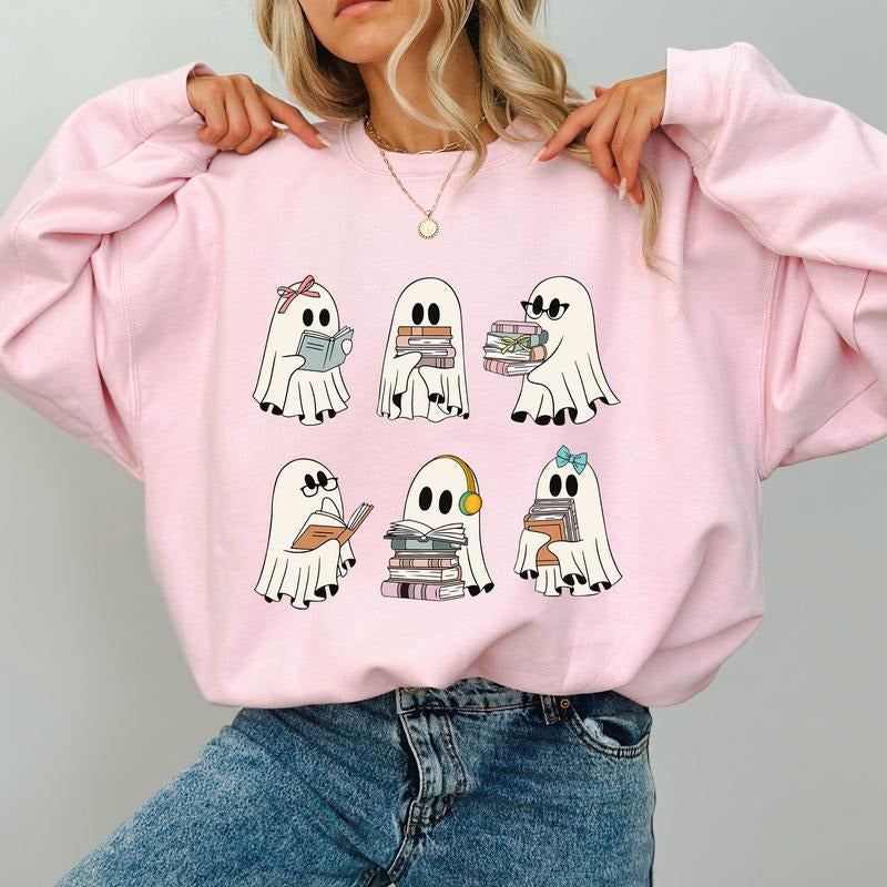 Ghost Reading Books Sweatshirt, Cute Bookish Halloween Sweatshirt For Girls, Reading Boos Teacher Crewneck, Cute Halloween Ghost Sweater, Librarian Sweatshirt, Comfy Long Sleeve Pullover, Women's Tops, Fall Winter Casual Womenswear, Comfort Cotton Fabric