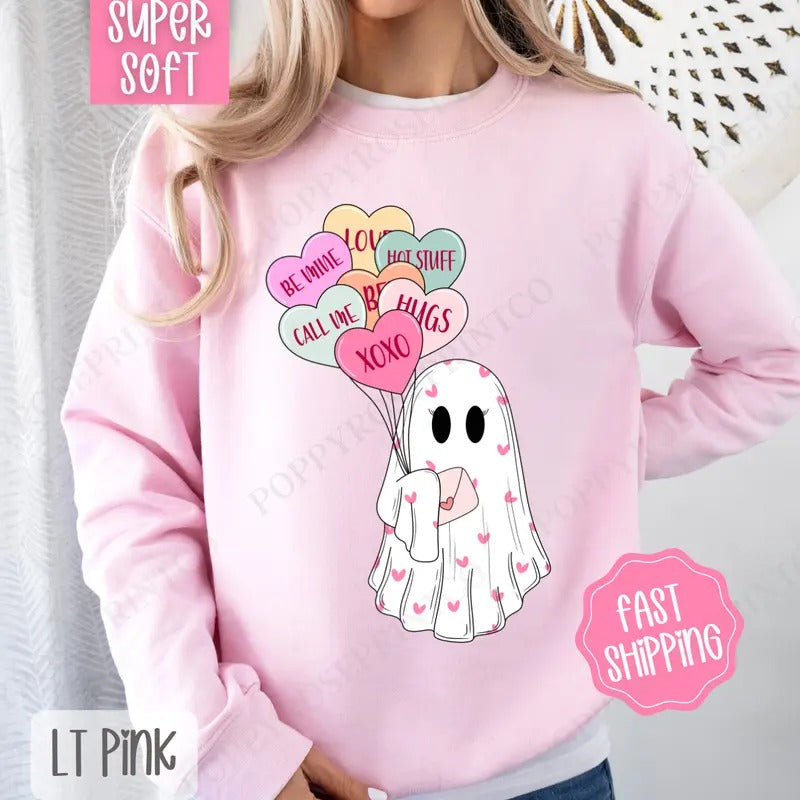Ghost Valentine Sweatshirt, Valentine's Day Crewneck, Cute Women's Sweater