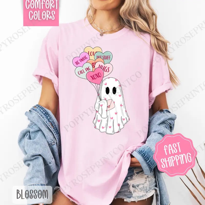 Ghost Valentine's Shirt Comfort Colors, Valentine's Day Women's Tee, Cute Women's Tshirt Hoodie, Sweatshirt | WearSparks.com