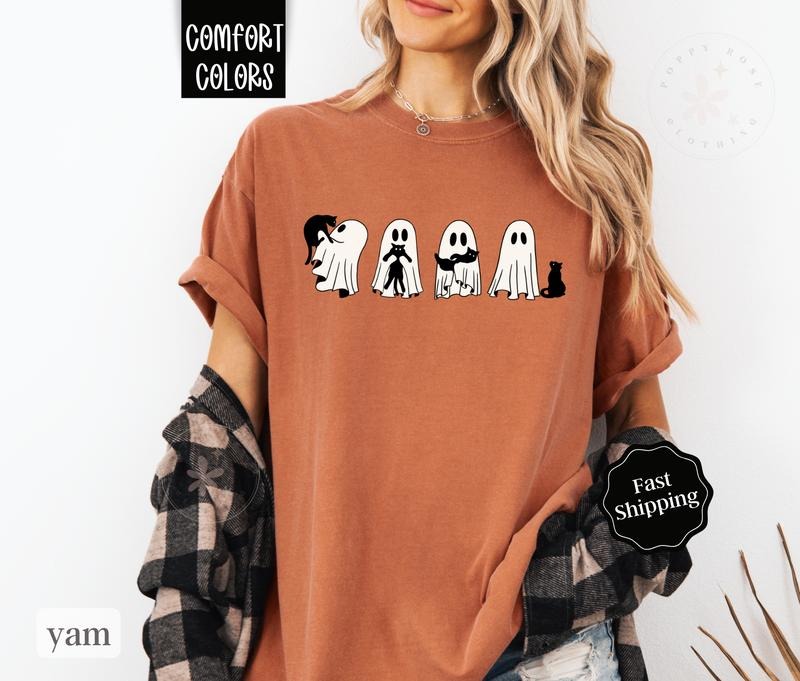 Ghost With Cats Shirt Comfort Colors, Cute Halloween Tee with Ghost, Cat Lover Tshirt for Halloween halloween shirt