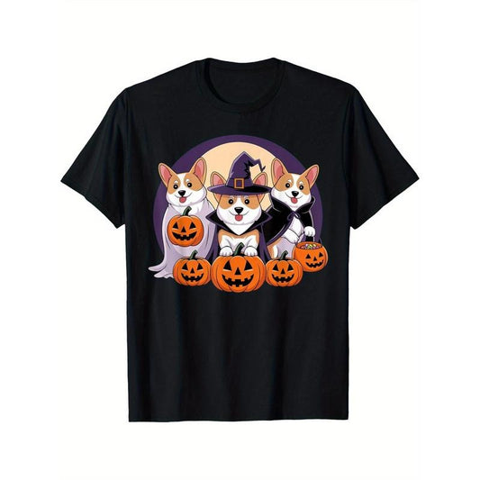 Ghost and Witch Corgis Halloween Ghost Funny Halloween T-shirt Black casual short-sleeved men's sports T-shirt Made in USA