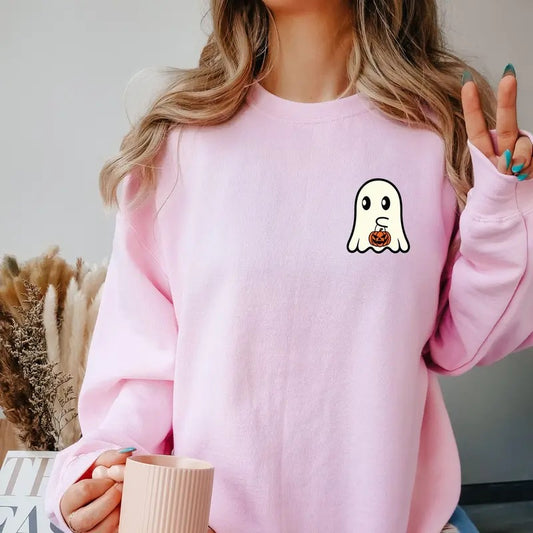 Ghost with Pumpkin Halloween Crewneck Sweatshirt T-Shirts, Hoodie | WearSparks.com
