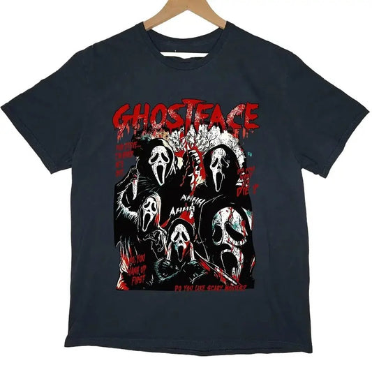 Ghostface Scream Horror movies Character Retro 90s T-shirt full colors full sizes for men and women Menswear Soft
