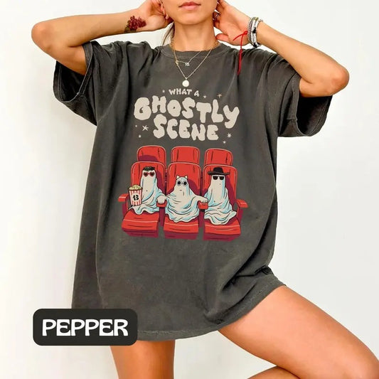 Ghostly Scene Shirt, TI0r Halloween Shirt, Ghost Shirt, Halloween Movie Tee, Eras Shirt, Retro Halloween, Gift for Her,  Tee Cotton Crewneck Shortsleeve Basic