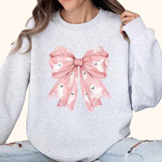 Ghosts Bow Halloween Sweatshirt, Halloween Cute Ghosts Bow Gift , Halloween Ghosts Tee, Pink Halloween Coquette T-shirt, Cute Halloween Shirt, Full Color Print