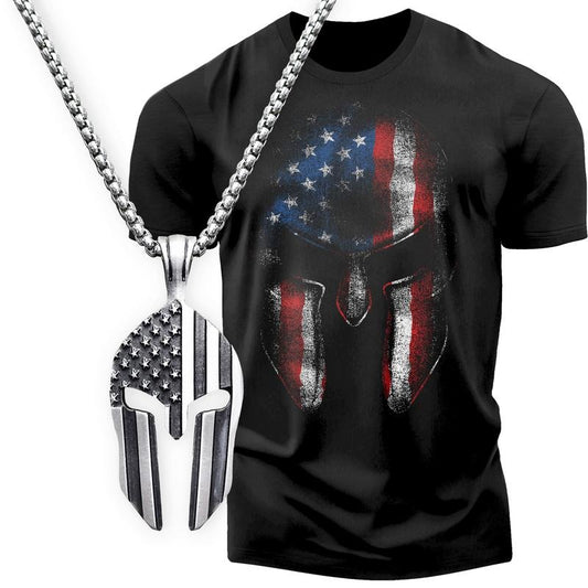 Gift Set for Men American Spartan Funny Workout Gym T-Shirt with Spartan Warrior Pendant Soft Cotton Menswear