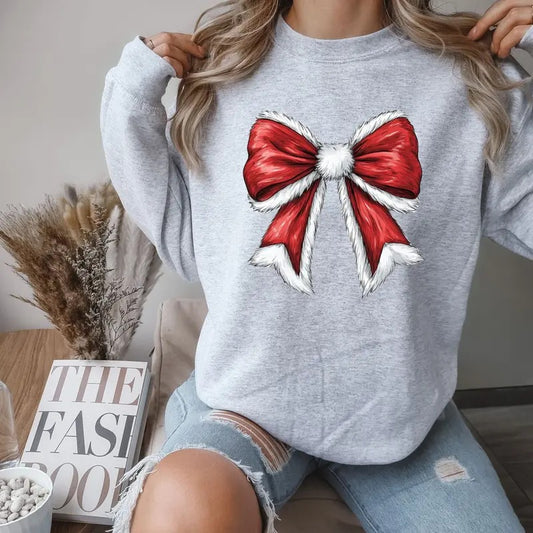 Gildan Christmas Santa Bow Crewneck Sweatshirt Comfortable Fit Loose Womenswear Cute Casual Long Sleeve Tops Soft...